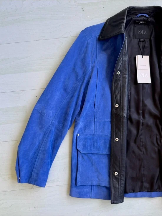 NWT Zara Electric Blue Suede Jacket with Black Leather Collar - Picture 12 of 16